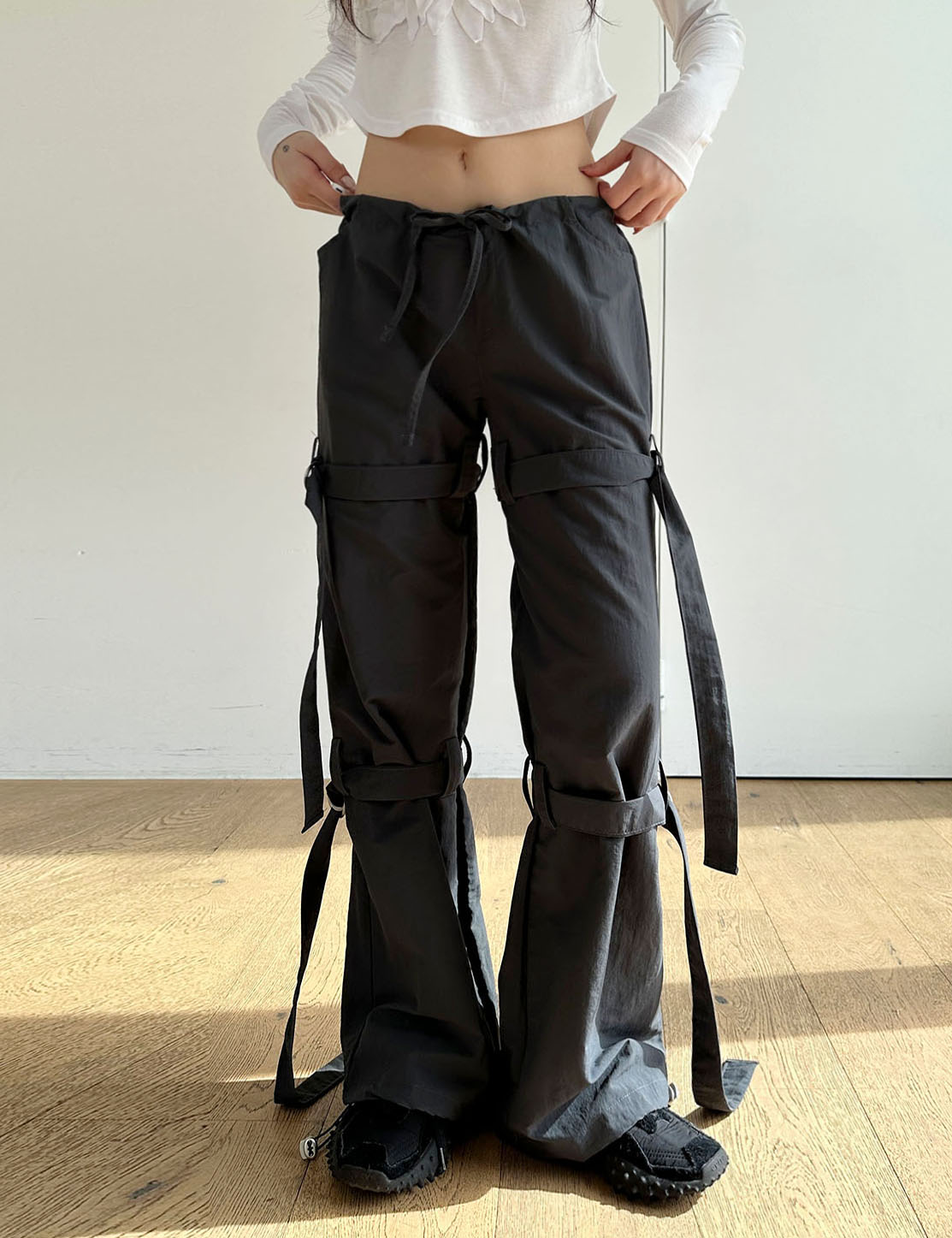 low belted nylon pants (2color)
